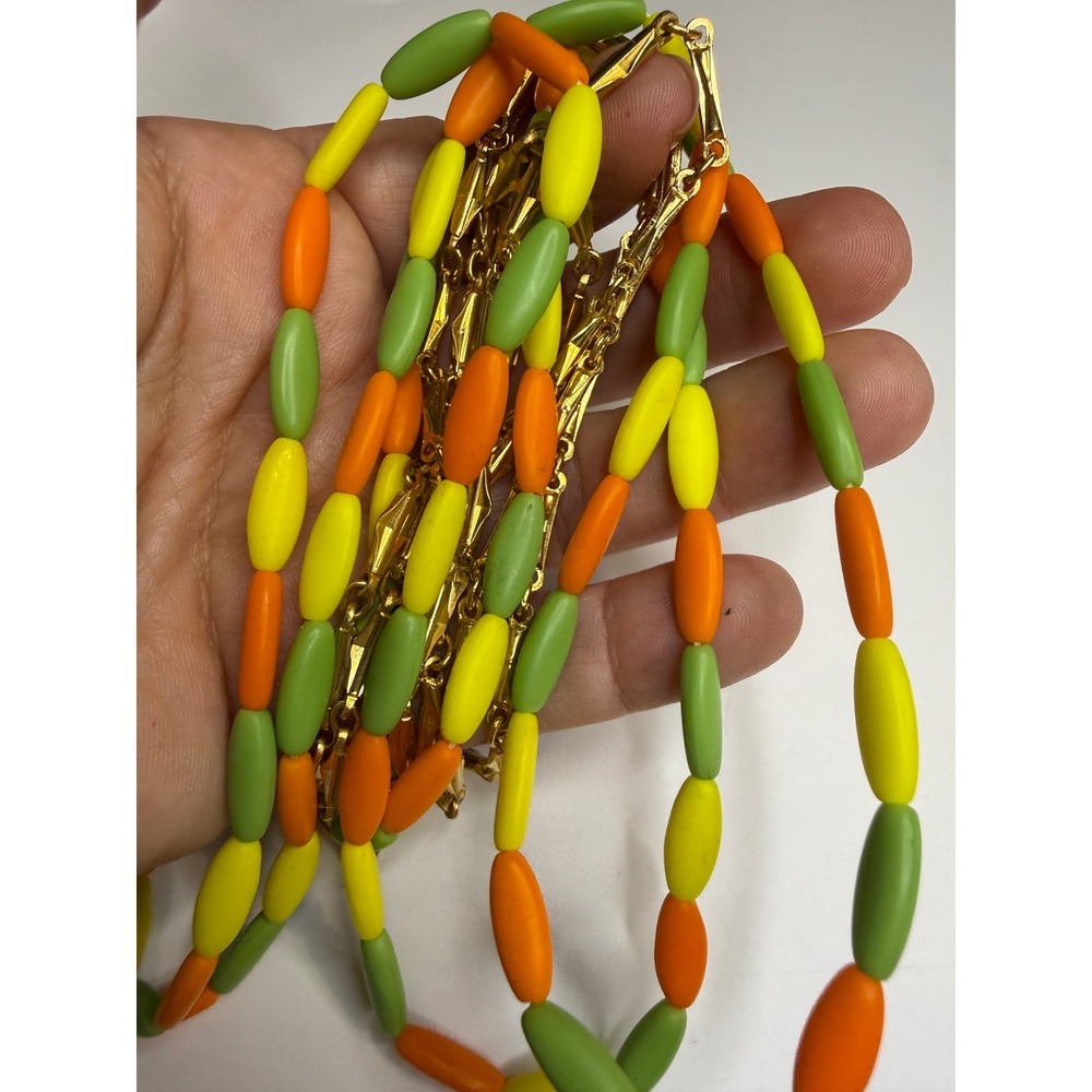 Vintage Trifari Multi Strand Bead Necklace Gold Tone Bow Clasp Yellow Green 22"